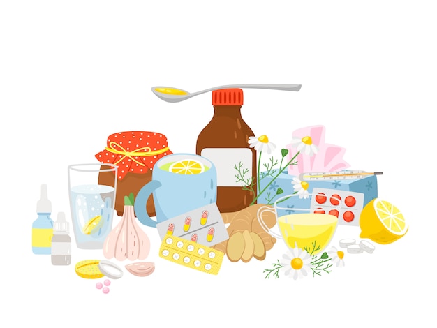 cold medicine, pills syrup, tea with lemon, garlic, ginger
