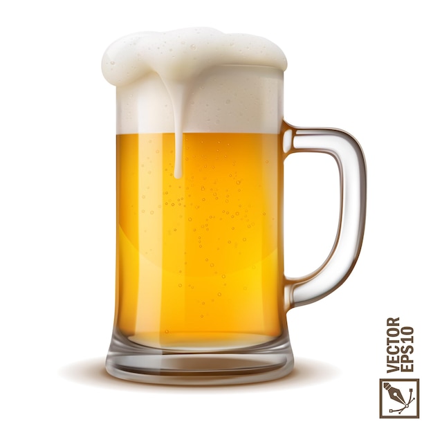 Cold mug of light beer with lush flowing foam realistic glass with handle