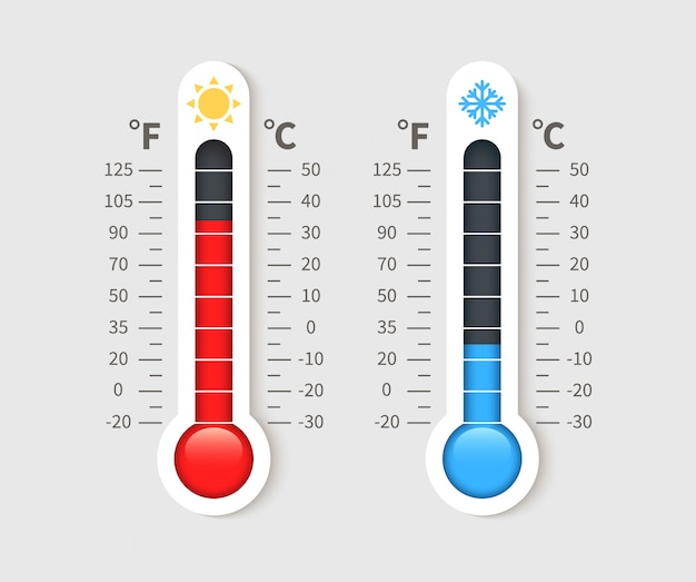 차갑고 따뜻한 온도계. 섭씨와 화씨 눈금을 가진 온도 날씨 온도계. 온도 조절기 기상 아이콘