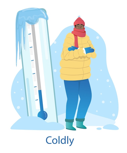 Cold weather concept young man in outerwear hat and scarf standing next to large thermometer low air