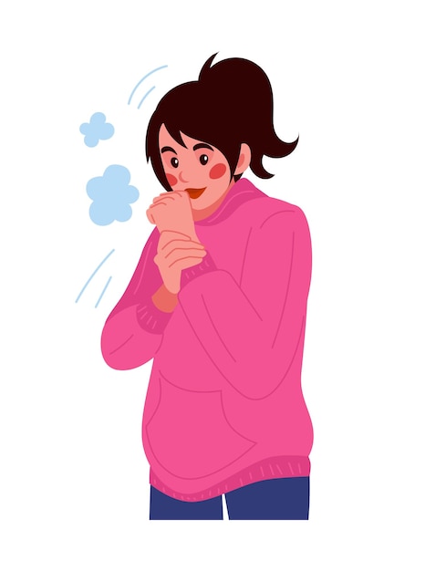 Cold weather Freezing woman Girl shivering and suffering from frost Warm outerwear Low temperature Unhappy trembling person Frosty breath steam Wintertime clothes Vector concept