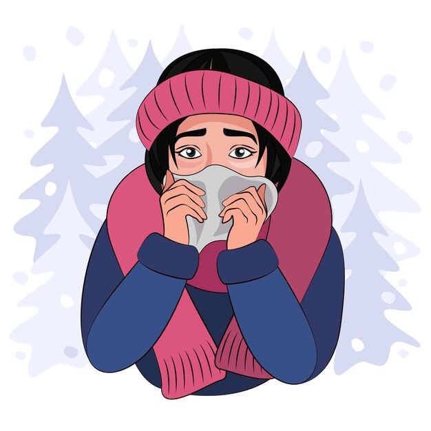 Colds seasonal flu a girl blows her nose into a napkin scarf and winter headband winter