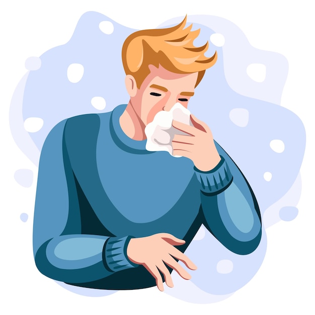 Colds seasonal flu a guy with a runny nose blows his nose into a tissue guy sneezes illness