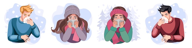 Vector colds seasonal flu set of different sick young people boys and girls feeling unwell in cold weather