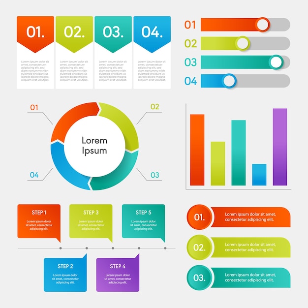 Colección de elementos infográficos con colorido gradiente de color