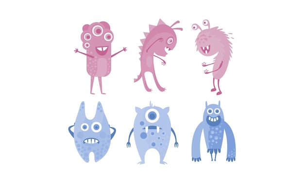 Colection of cute monsters blue and purple funny alien character vector Illustration isolated on a white background