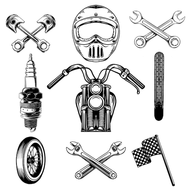 Colection vintage motorcycle element handrawing  style