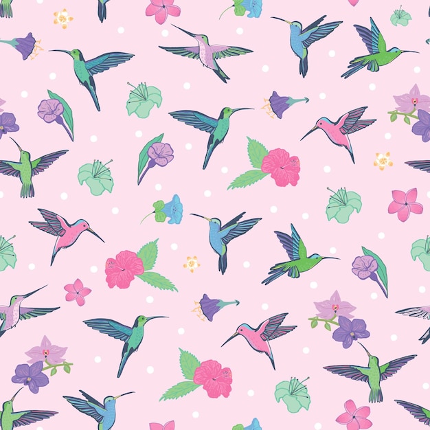 Colibri vogeltje met bloemen vector naadloze patroon
