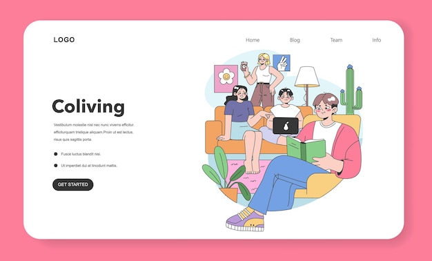 Coliving web banner or landing page friends or roommates living together characters hang out