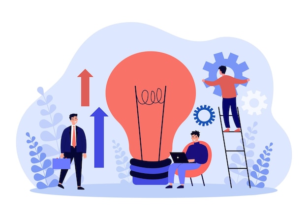 Vector collaboration of business people working on new idea. tiny man holding gears, using laptop near lightbulb flat vector illustration. teamwork concept for banner, website design or landing web page