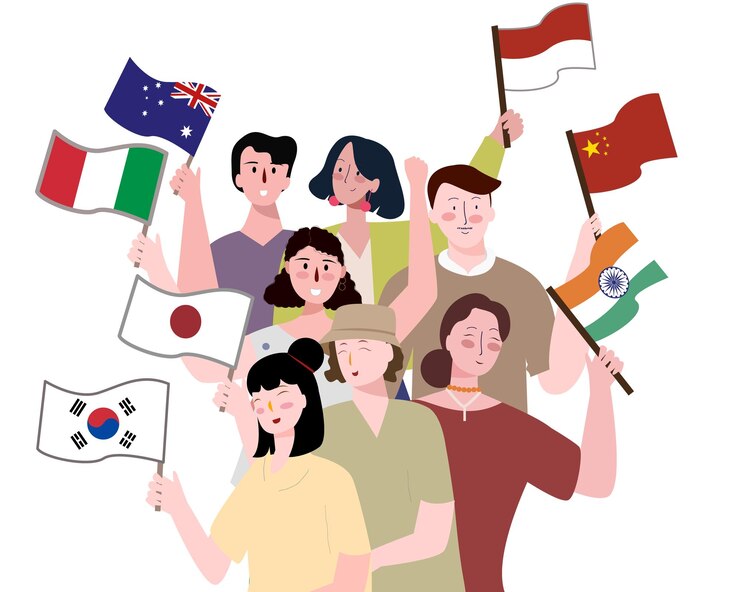 Vector 국가 개념 국가 발을 들고 있는 사람들 사이의 협업 평평한 만화 스타일의 색 고립된 배경