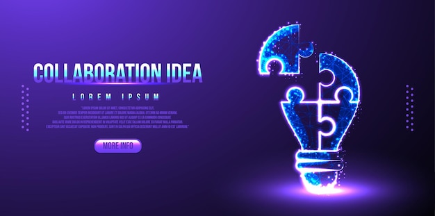 Collaboration idea  puzzle and bulb.  low poly wireframe