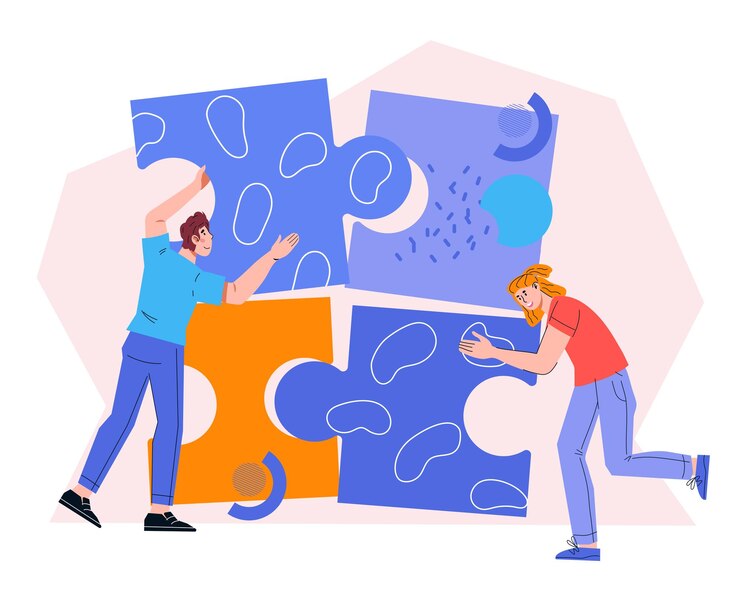 Vector collaboration and teamwork solution and business plan people connecting puzzle