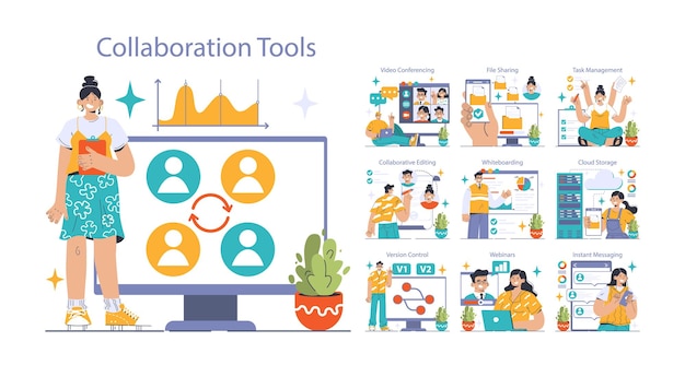 ベクトル コラボレーションツールセット ビジネスキャラクター バージョンコントロール 女性 オンライン参加
