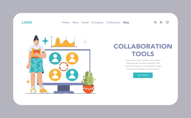 collaboration tools web or landing woman with tablet near a presentation board showcasing teamwork