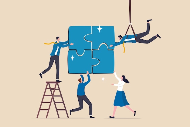 Collaboration work together to solve problem teamwork unite together to achieve success connected people or community help finding solution concept business people team succeed solve jigsaw puzzle