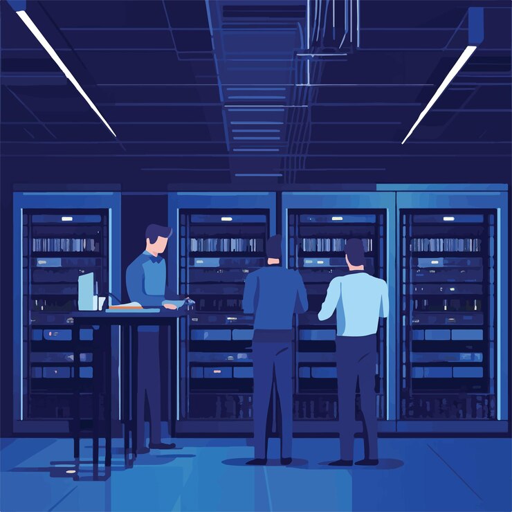 Vector collaborative it specialists troubleshooting together vector illustration