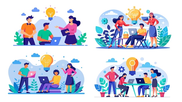 Collaborative teamwork and brainstorming sessions in colorful vector illustrations