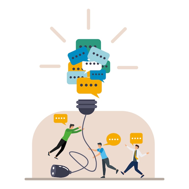 Vector collaborative teamwork represented by people plugging in a creative light bulb