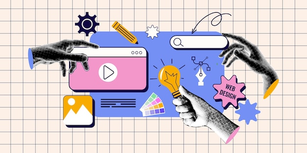 ウェブサイトやアプリのデザインのためのコラージュバナーのコンセプトは, ui uxやモバイルで作業する半色の手を特徴としています.