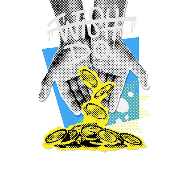 Collage banner met vector halftone effect handen met geld Getextureerde vintage concept met belettering Wish Do Y2k trendy poster New Wave