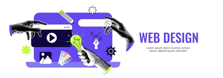 Vector collage-bannerconcept voor het ontwerpen van websites of apps met halftone handen die werken op ui ux of mobil