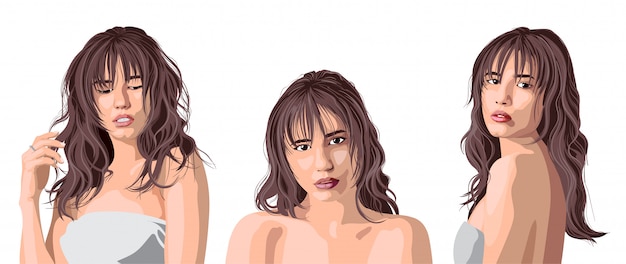 Collage of a beautiful caucasian girl with bangs posing. expressing tenderness