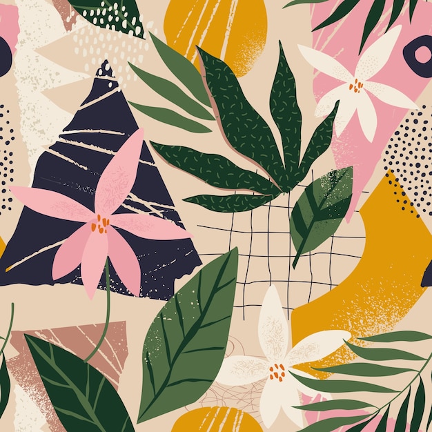 Vector collage contemporary floral and polka dot shapes seamless pattern