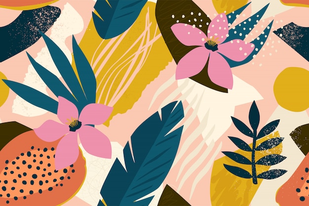 Vector collage contemporary floral seamless pattern.