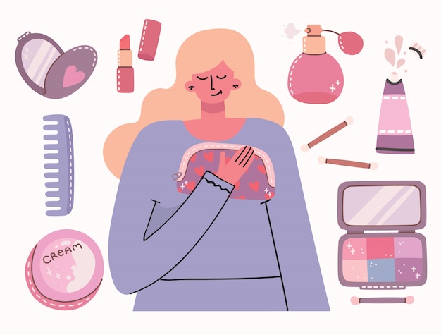 Collage di cosmetici e prodotti per la cura del corpo intorno alla ragazza. sei una bellissima carta. rossetto, lozione, pettine, polvere, profumi, pennello, smalto per unghie.