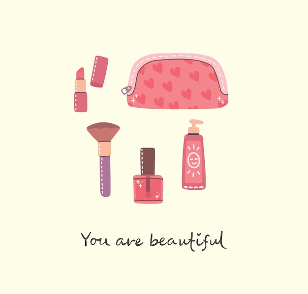 Collage of cosmetics and body care products for make up.vector modern illustration in flat style.