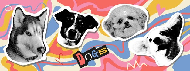 Collage design elements in trendy dotted pop art style retro halftone effect portraits of dogs