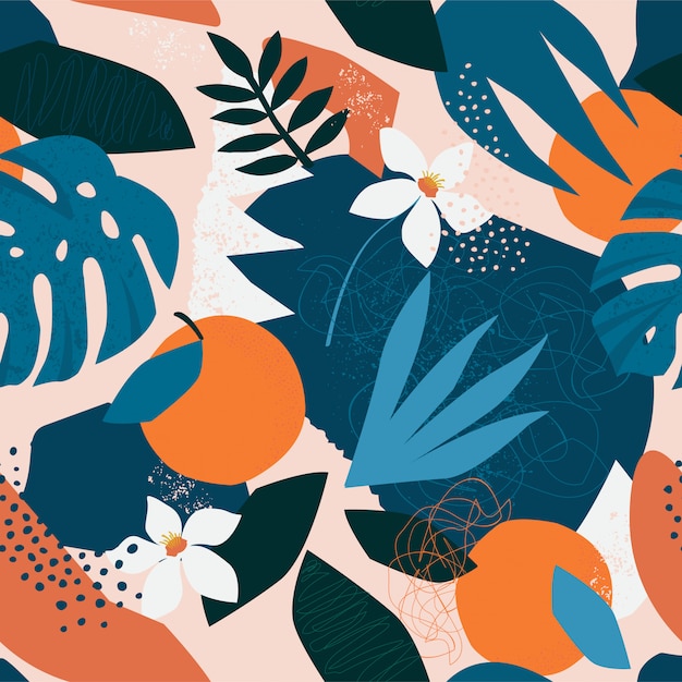 Collage eigentijds bloemen naadloos patroon. moderne exotische jungle fruit en planten