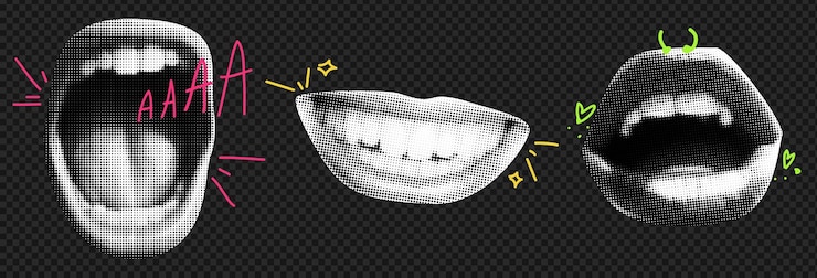 Vector collage element with mouth with tongue and doodle element vintage vector set on trasparent