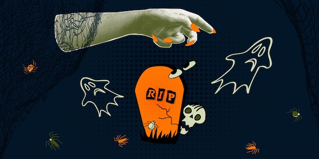 Vector collage elements hand palm pumpkin eyes ghosts graves coffins halloween halftone zombie hands decoration banner for 31 oktober events trendy poster in paper cut style vector illustration