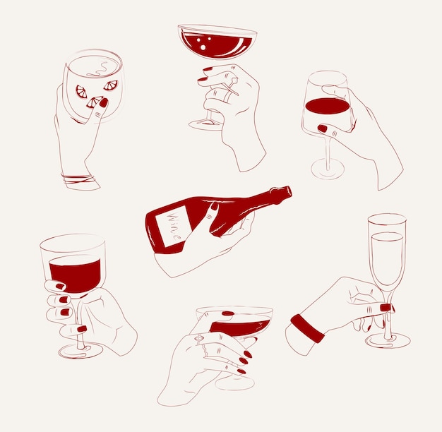 Vector collage of hands holding various wine bottle and wine glasses