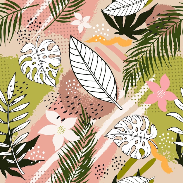 Collage hedendaagse tropische en artistieke palmbladeren met abstracte vorm naadloos patroon