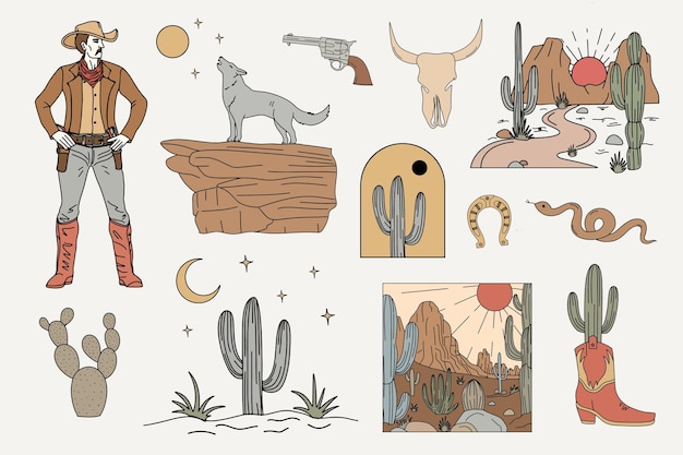 Un collage di illustrazioni per il cowboy e il cowboy.