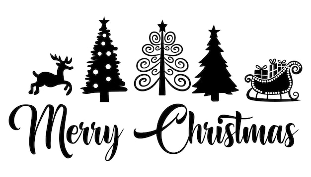 Collage Merry Christmas belettering rendieren boom slee vectorillustratie geïsoleerd