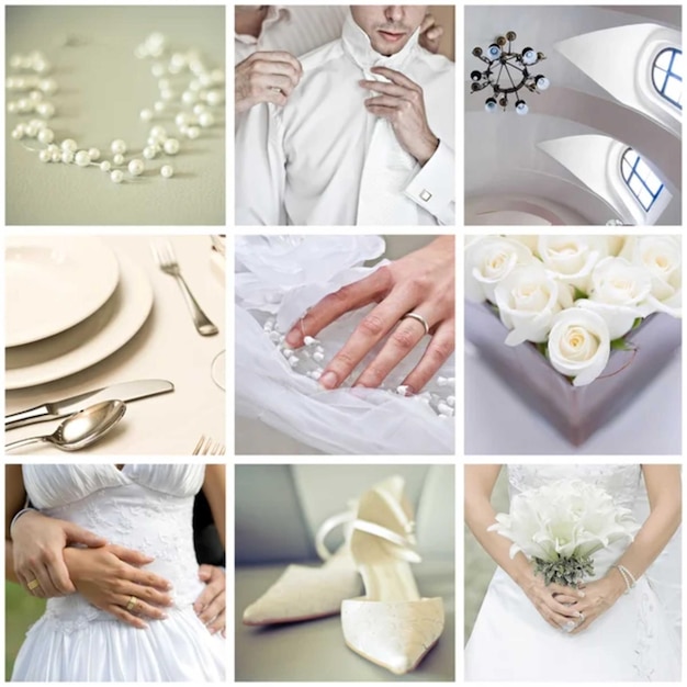 Vector collage of nine wedding photos