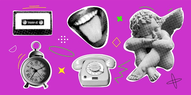 Collage-ontwerpelementen in trendy gestippelde pop-artstijl Retro halftooneffect Engel telefoonhorloge