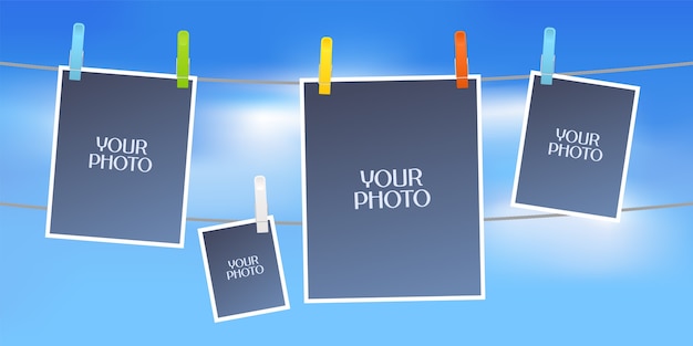 Collage of photo frames vector illustration. Design element of sky and five empty frames for scrapbook or photo album