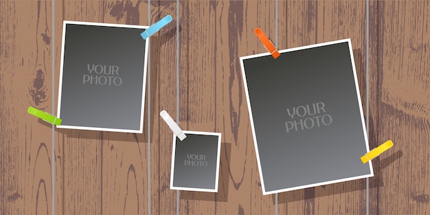 Collage of photo frames on wooden background