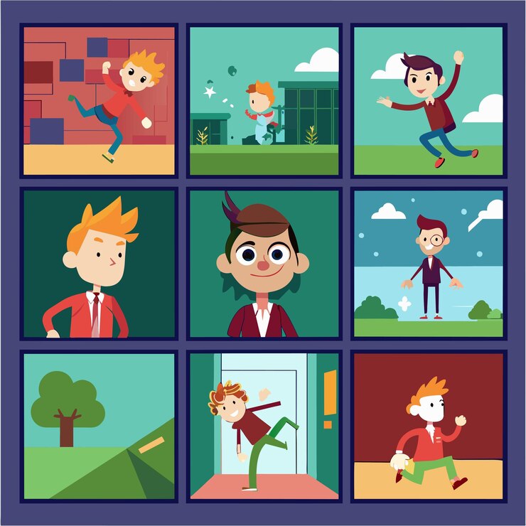 Vector a collage of photos with a boy and a girl with a dragon on the bottom