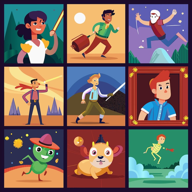 वेक्टर a collage of pictures with a cartoon character and a cat