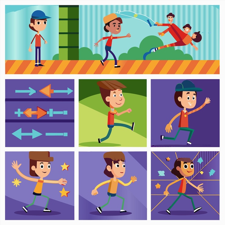Vector a collage of pictures with a cartoon character and a picture of people doing tricks