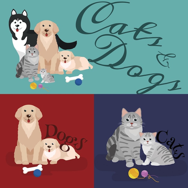 Vector a collage of pictures with cats and dogs cat and dog together lying