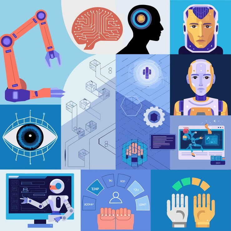 Vector a collage of pictures with a person with a robot and a human brain