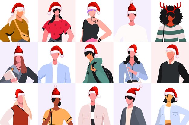 新年の帽子をかぶった多人種の若い男性と女性の肖像画と顔のコラージュ