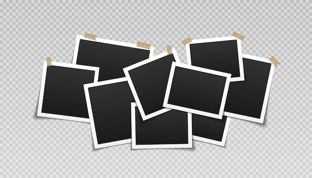 Collage of realistic frames Border of black photo frames on light background Pile of photo